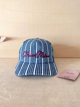 Carica l'immagine nel visualizzatore di Gallery, Miu Miu Cappello Da Baseball In Denim Righe Blu &amp; Bianche Scritta Ricamata
